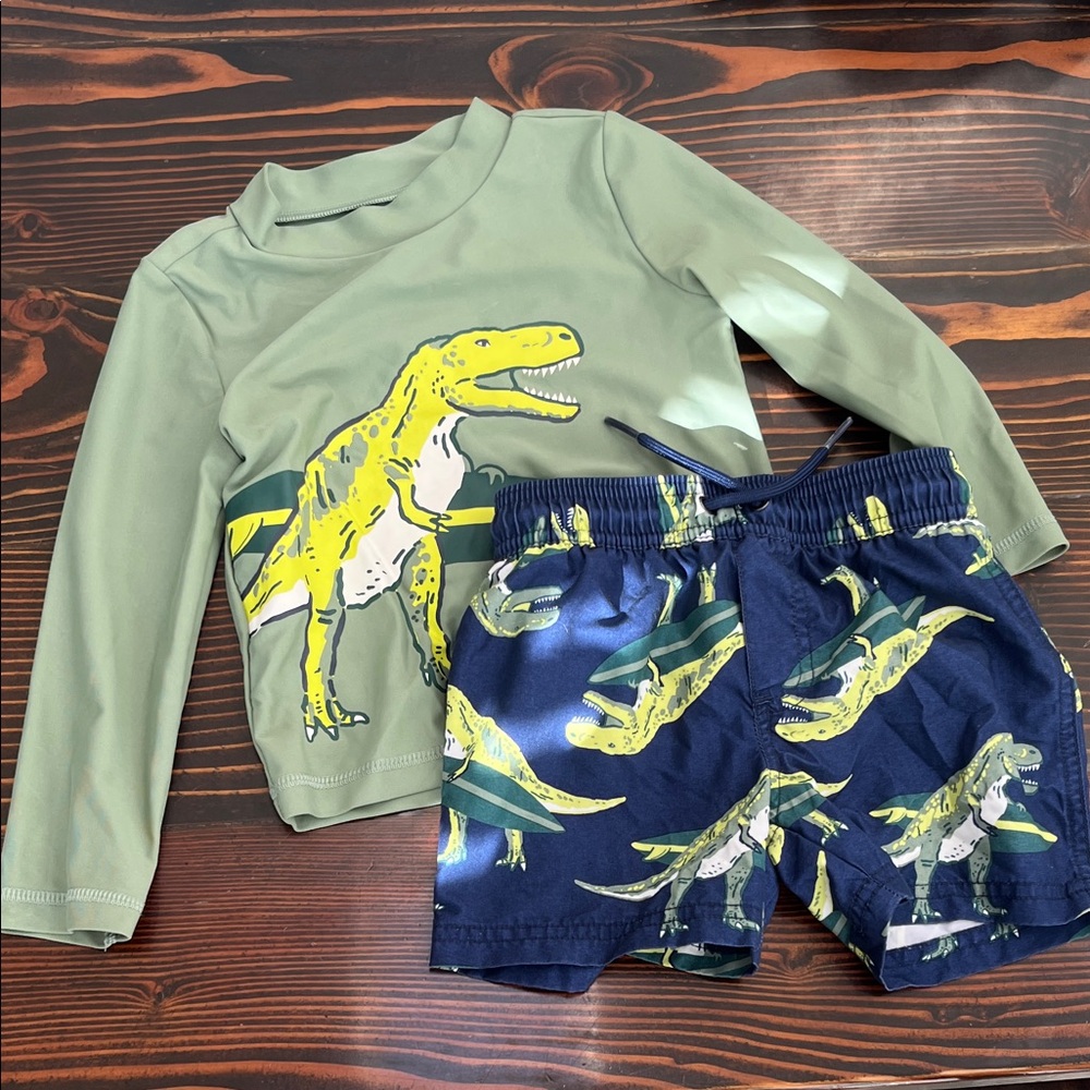 Kids Sage Green Dino Rashguard Set with Navy Dino Swim Shorts